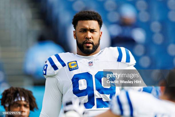 DeForest Buckner of the Indianapolis Colts warms up before the game against the Tennessee Titans at Nissan Stadium on December 3, 2023 in Nashville,...