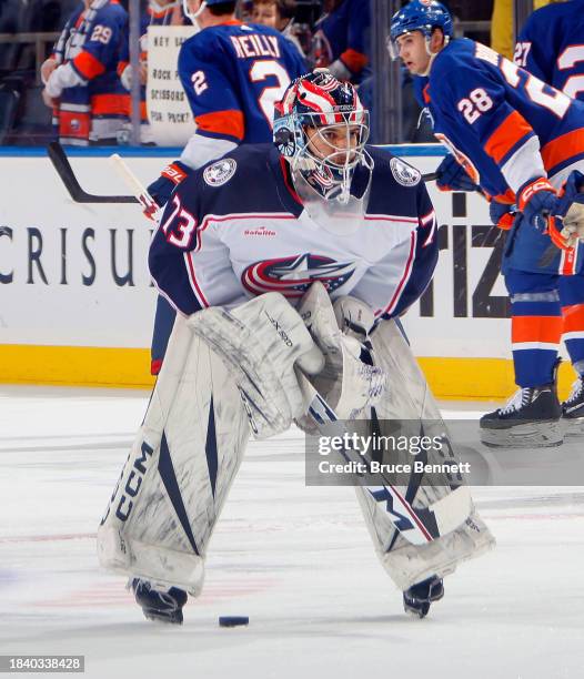 Jet Greaves of the Columbus Blue Jackets tends net during warmups prior to the game against the New York Islanders at UBS Arena on December 07, 2023...