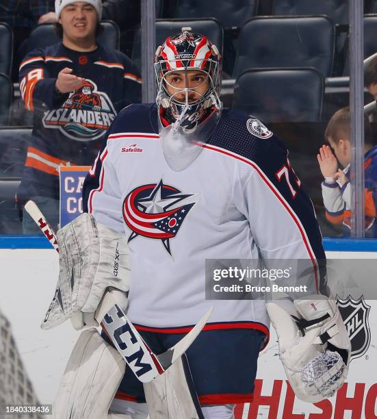 Jet Greaves of the Columbus Blue Jackets tends net during warmups prior to the game against the New York Islanders at UBS Arena on December 07, 2023...