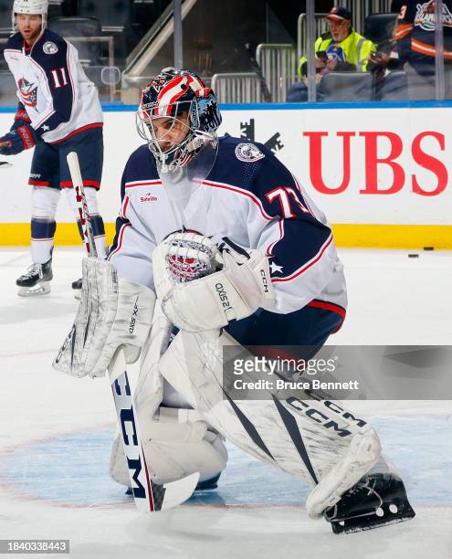 Jet Greaves of the Columbus Blue Jackets tends net during warmups prior to the game against the New York Islanders at UBS Arena on December 07, 2023...