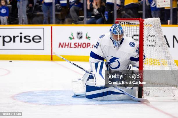 Jonas Johansson of the Tampa Bay Lightning warms up before a game against the Nashville Predators at Bridgestone Arena on December 7, 2023 in...