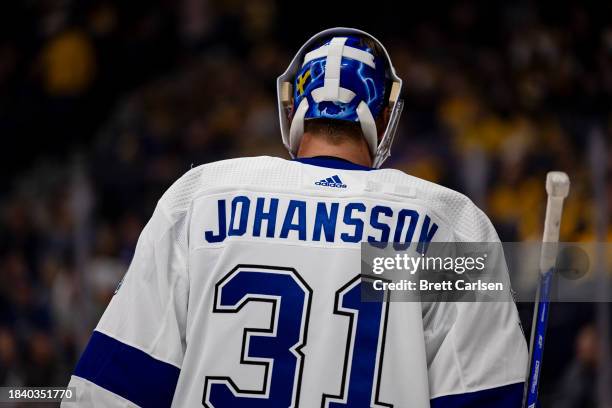 Detail of the nameplate on Jonas Johansson of the Tampa Bay Lightning jersey during the first period against the Nashville Predators at Bridgestone...
