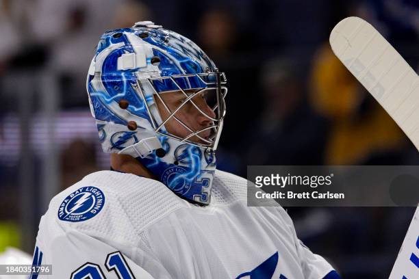 Jonas Johansson of the Tampa Bay Lightning warms up before a game against the Nashville Predators at Bridgestone Arena on December 7, 2023 in...