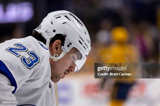 Michael Eyssimont of the Tampa Bay Lightning warms up before a game against the Nashville Predators at Bridgestone Arena on December 7, 2023 in...