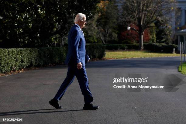 President Joe Biden walks on the South Lawn before boarding Marine One and departing the White House on December 08, 2023 in Washington, DC. Biden is...