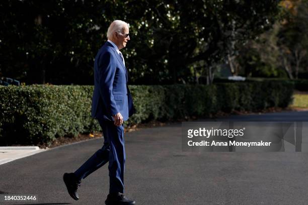 President Joe Biden walks on the South Lawn before boarding Marine One and departing the White House on December 08, 2023 in Washington, DC. Biden is...