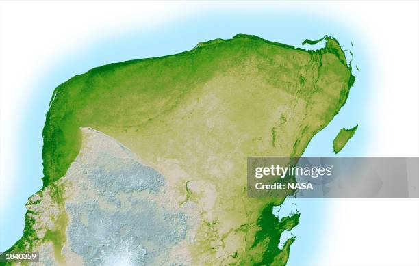 This NASA handout image is a high resolution topographic map of the Yucatan Peninsula created with data collected in the Shuttle Radar Topography...