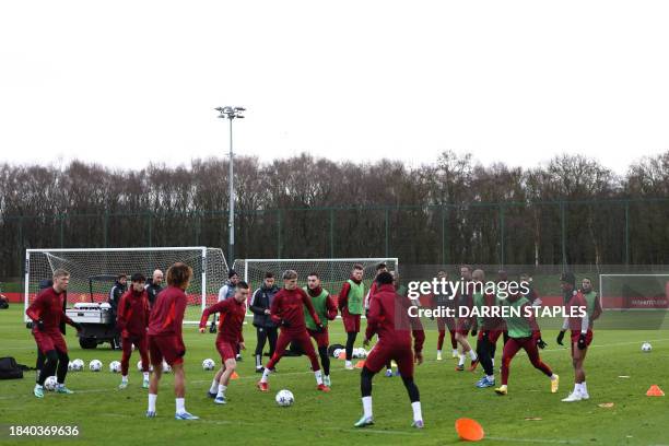 Manchester United's players take part in a team training session at the Carrington Training Complex in Manchester, north-west England on December 11,...