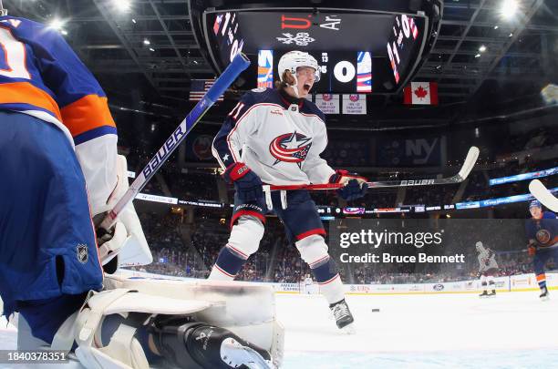 Adam Fantilli of the Columbus Blue Jackets skates against the New York Islanders at UBS Arena on December 07, 2023 in Elmont, New York.