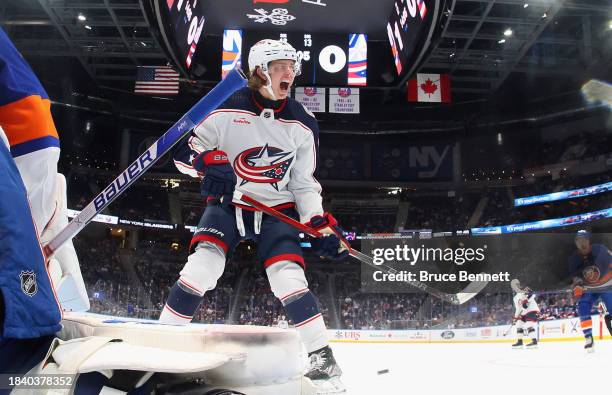 Adam Fantilli of the Columbus Blue Jackets skates against the New York Islanders at UBS Arena on December 07, 2023 in Elmont, New York.