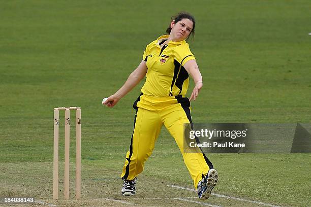 Emma Biss of the Fury bowls during the WT20 match between the Western Australia Fury and the ACT Meteors at the WACA on October 11, 2013 in Perth,...