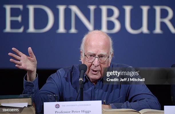 Professor Emeritus School of Physics and Astrongy Peter Higgs of Great Britain speaks after being awarded the Nobel Prize in Physics at a press...