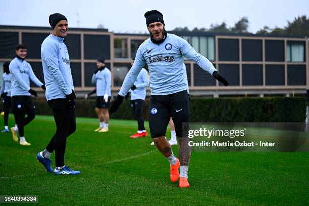 Federico Dimarco of FC Internazionale in action during the FC Internazionale training session at the club's training ground Suning Training Center at...