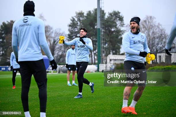 Alessandro Bastoni of FC Internazionale, Marko Arnautovic of FC Internazionale, Federico Dimarco of FC Internazionale in action during the FC...