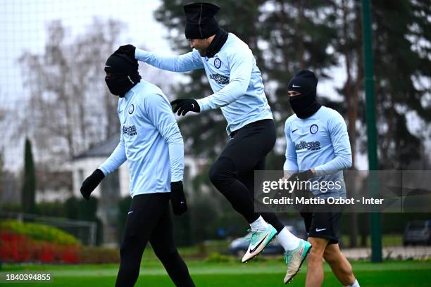 Lautaro Martinez of FC Internazionale, Marcus Thuram of FC Internazionale in action during the FC Internazionale training session at the club's...