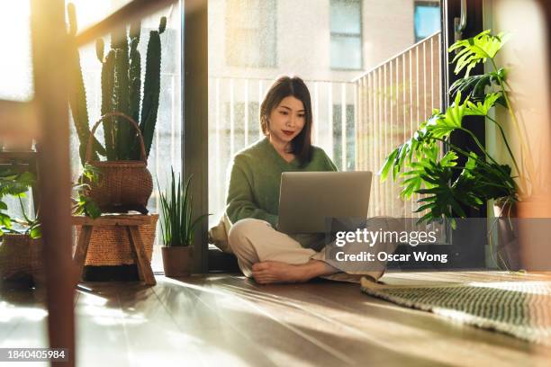 young asian woman using laptop at cozy home atmosphere - cozy stock pictures, royalty-free photos & images