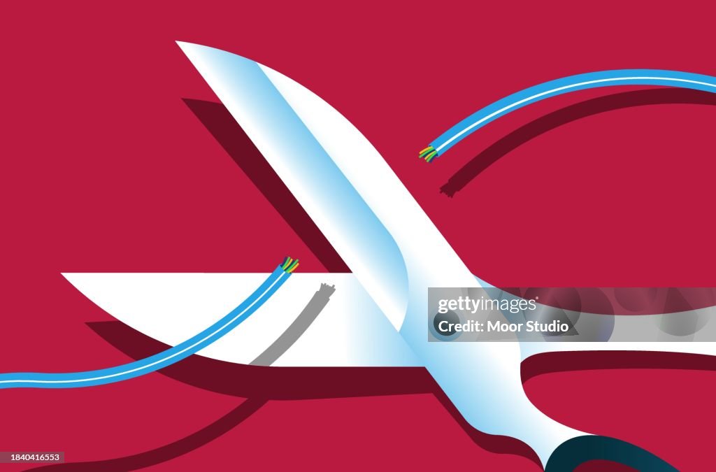 Scissors cutting cable vector illustration