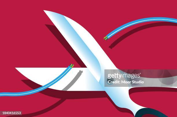 scissors cutting cable vector illustration - cord cutting stock illustrations