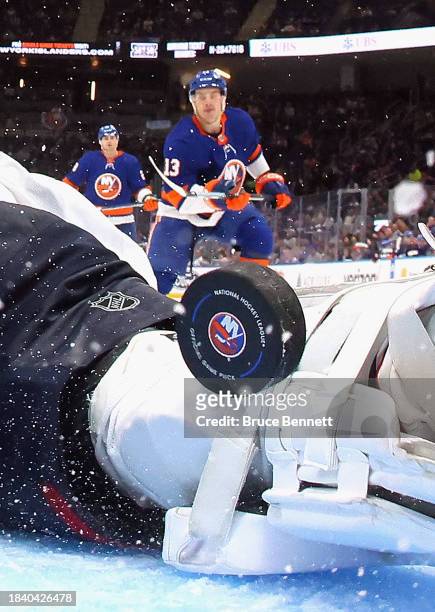 Spencer Martin of the Columbus Blue Jackets gives up a goal to the New York Islanders at UBS Arena on December 07, 2023 in Elmont, New York.