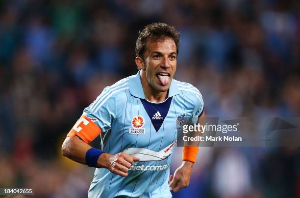 Alessandro Del Piero of Sydney celebrates scoring a goal during the round one A-League match between Sydney FC and the Newcastle Jets at Allianz...