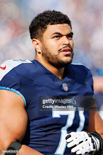 Andre Dillard of the Tennessee Titans on the sidelines during the game against the Indianapolis Colts at Nissan Stadium on December 3, 2023 in...