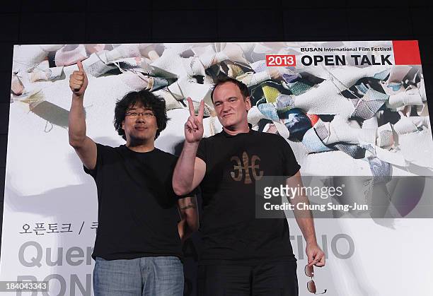 Director Bong Joon-Ho and Quentin Tarantino attend the Open Talk at the Busan Cinema Center Square Outdoor Stage during the 18th Busan International...