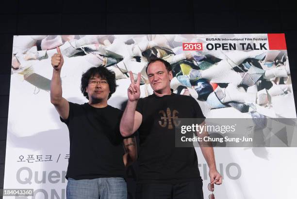 Director Bong Joon-Ho and Quentin Tarantino attend the Open Talk at the Busan Cinema Center Square Outdoor Stage during the 18th Busan International...