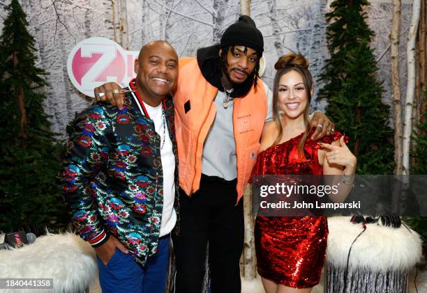 Maxwell, Owenn and Crystal Rosas attend iHeartRadio z100's Jingle Ball 2023 - Pre Show at at The Hammerstein Ballroom at The Manhattan Center on...