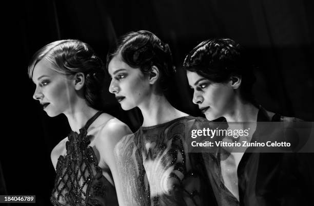 Models are seen backstage at the Raisa-Vanessa Sason show during Mercedes-Benz Fashion Week Istanbul s/s 2014 Presented By American Express on...