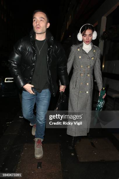 Ed Westwick and Amy Jackson seen leaving Isabel restaurant in Mayfair on December 07, 2023 in London, England.