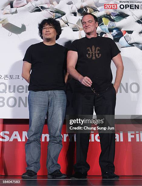 Director Bong Joon-Ho and Quentin Tarantino attend the Open Talk at the Busan Cinema Center Square Outdoor Stage during the 18th Busan International...