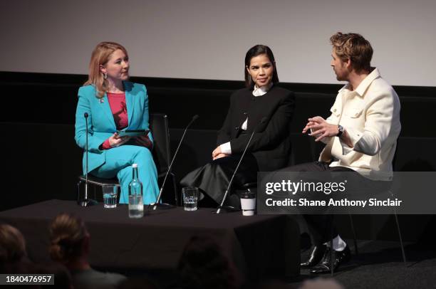 Host Anna Smith with America Ferrera and Ryan Gosling during 'In Conversation with the Barbie cast' at BFI Southbank on December 08, 2023 in London,...