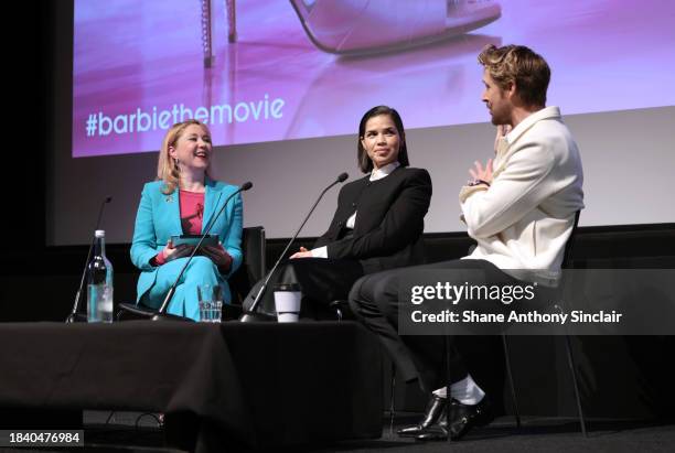 Host Anna Smith with America Ferrera and Ryan Gosling during 'In Conversation with the Barbie cast' at BFI Southbank on December 08, 2023 in London,...