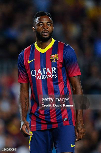 Alex Song of FC Barcelona looks on during the La Liga match between FC Barcelona and Real Valladolid CF at Camp Nou on October 5, 2013 in Barcelona,...