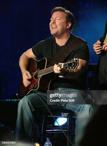 Comedian Ricky Gervais performs on stage at The Concert For Diana in Wembley Stadium, on July 1st, 2007 in London, England.