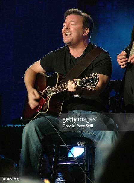 Comedian Ricky Gervais performs on stage at The Concert For Diana in Wembley Stadium, on July 1st, 2007 in London, England.