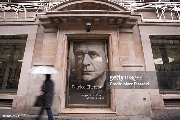 Poster of Patrice Chereau is displayed on the French Ministry Culture in Paris on October 11, 2013 in Paris, France.The French theatre, opera and...