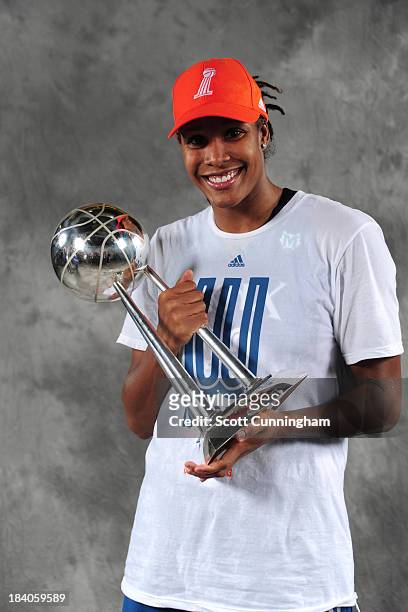 Rebekkah Brunson of the Minnesota Lynx poses for a picture with the trophy after winning Game 3 of the 2013 WNBA Finals at Gwinnett Arena on October...