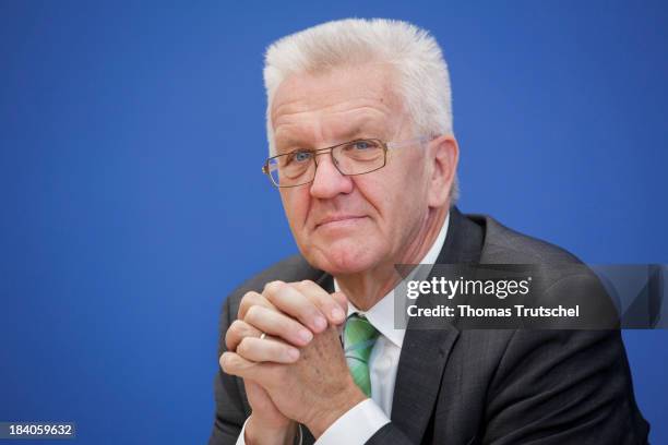 Winfried Kretschmann, Minister-President of the state of Baden-Wuerttemberg attends a press conference at Bundespressekonferenz on October 11, 2013...