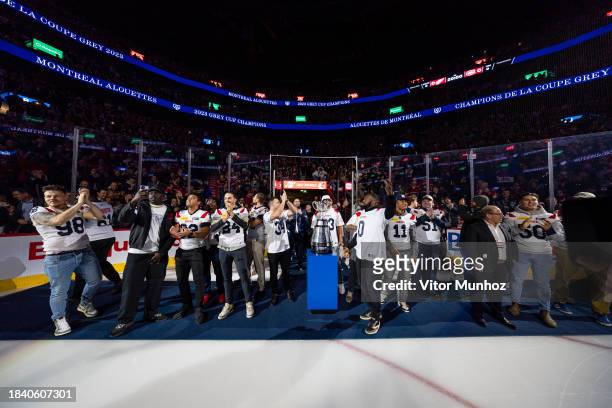 Montreal Alouettes winners of the CFLs Grey Cup are honoured before the NHL regular season game between the Montreal Canadiens and the Detroit Red...