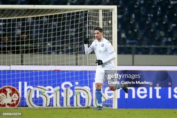 Lars Stindl of Karlsruher SC celebrates scoring his team's second goal during the Second Bundesliga match between Hannover 96 and Karlsruher SC at...