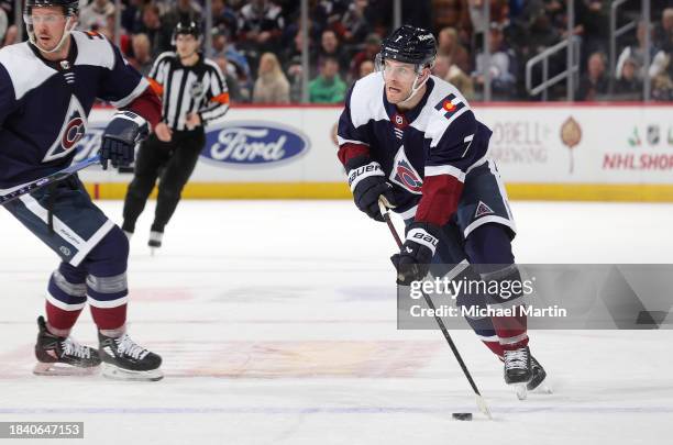 Devon Toews of the Colorado Avalanche skates against the Winnipeg Jets at Ball Arena on December 07, 2023 in Denver, Colorado.