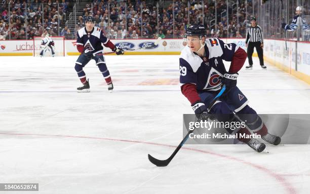 Nathan MacKinnon of the Colorado Avalanche skates against the Winnipeg Jets at Ball Arena on December 7, 2023 in Denver, Colorado.