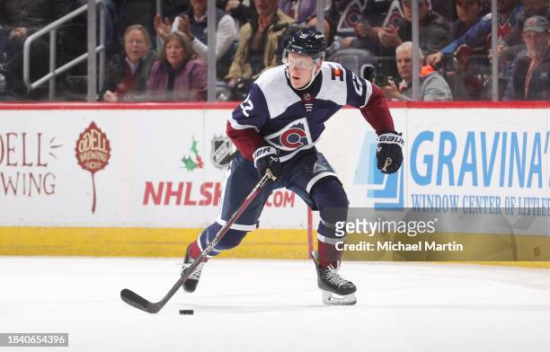 Fredrik Olofsson of the Colorado Avalanche skates against the Winnipeg Jets at Ball Arena on December 7, 2023 in Denver, Colorado.