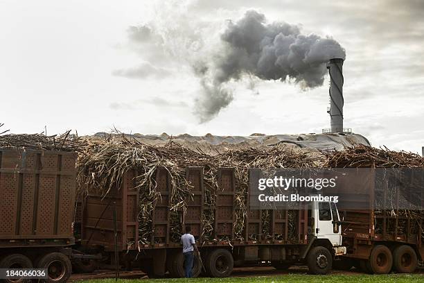 Vapor escapes a stack above trucks loaded down with sugarcane stalks at Unidade industrial Cruz Alta da Guarani SA ethanol sugar and energy, near Sao...