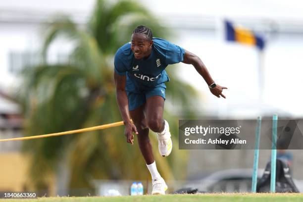 Jofra Archer of England takes part in a Net session ahead of the third CG United One Day International at Kensington Oval on December 08, 2023 in...