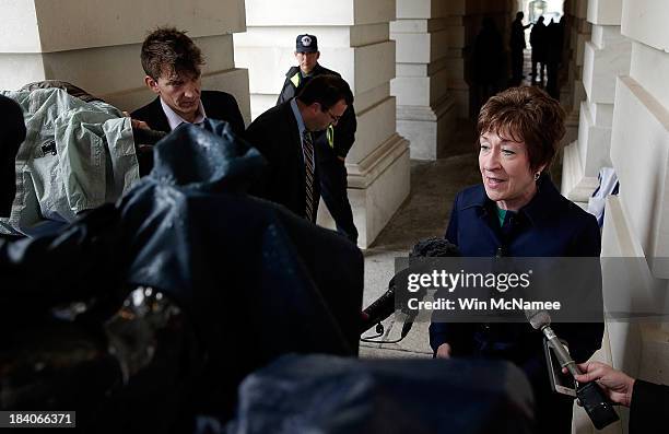 Sen. Susan Collins speaks to members of the press at the U.S. Capitol following a meeting at the White House between Republican members of the U.S....