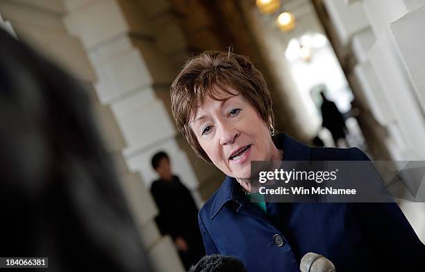 Sen. Susan Collins speaks to members of the press at the U.S. Capitol following a meeting at the White House between Republican members of the U.S....