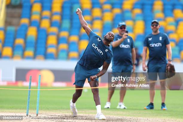 Jofra Archer of England takes part in a Net session ahead of the third CG United One Day International at Kensington Oval on December 08, 2023 in...