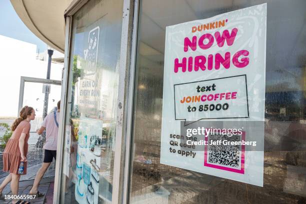 Miami Beach, Florida, Dunkin' Donuts sign, help wanted now hiring text scan QR code.